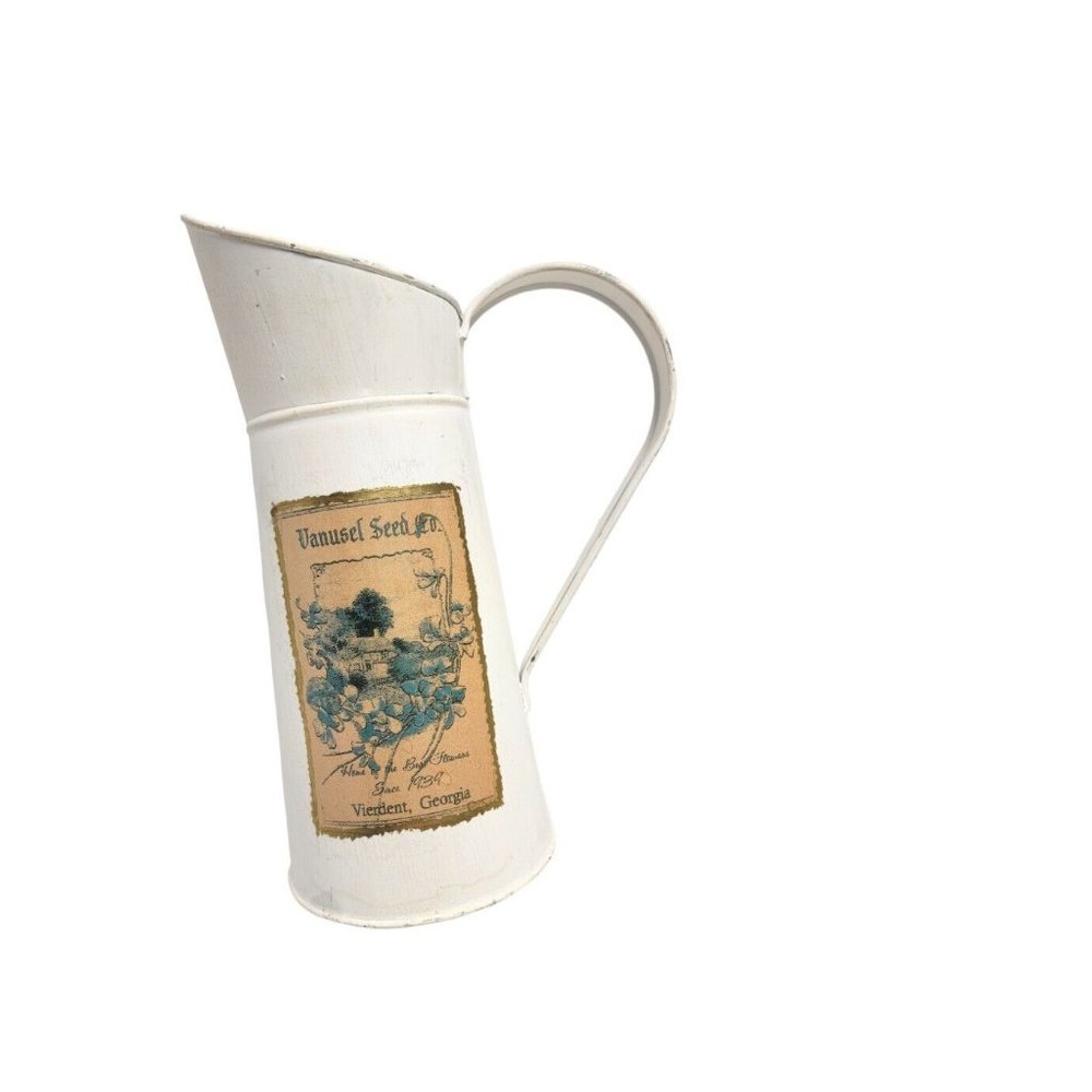 Vintage Metal Rustic Farmhouse French Country Tin Cream Painted Jug Décor 12"